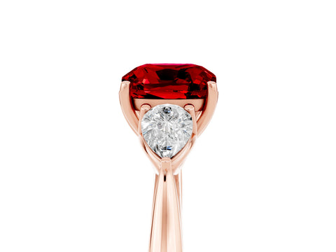 Rose gold Cushion Cut Ruby Three-Stone Ring with Pear Side Stones and Four-Prong Setting_17