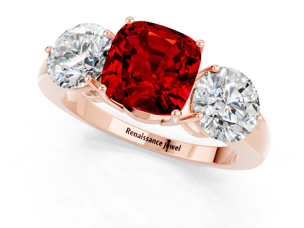 Rose gold Cushion Cut Ruby Three-Stone Ring with Prong Setting and Classic Band