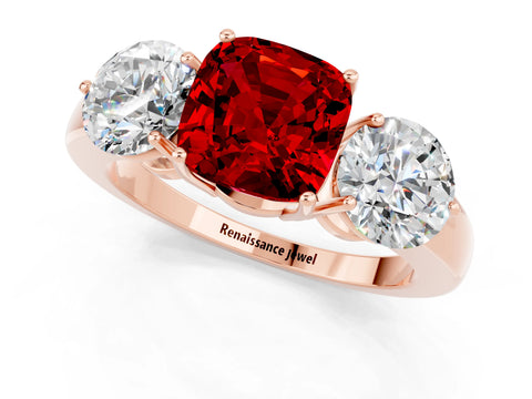 Rose gold Cushion Cut Ruby Three-Stone Ring with Prong Setting and Classic Band_1