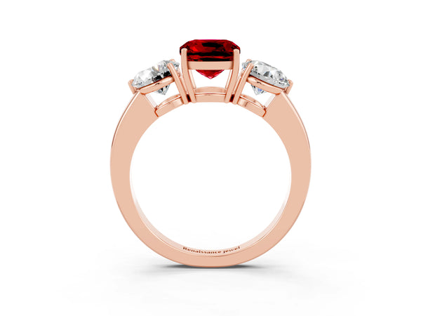 Rose gold Cushion Cut Ruby Three-Stone Ring with Prong Setting and Classic Band