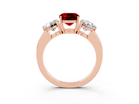 Rose gold Cushion Cut Ruby Three-Stone Ring with Prong Setting and Classic Band_3