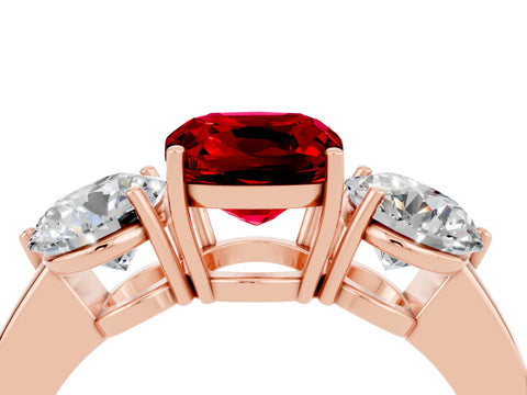 Rose gold Cushion Cut Ruby Three-Stone Ring with Prong Setting and Classic Band_4