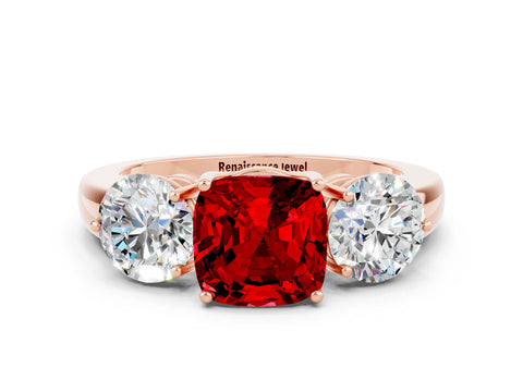 Rose gold Cushion Cut Ruby Three-Stone Ring with Prong Setting and Classic Band