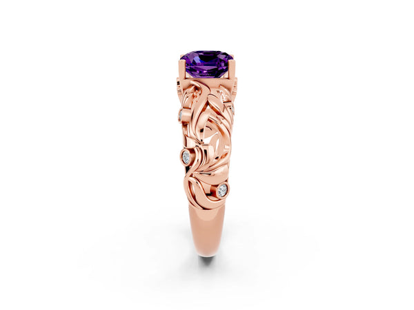 Rose gold Cushion Cut Solitaire Amethyst Leaf-Inspired Vine Band Ring with Prong Setting