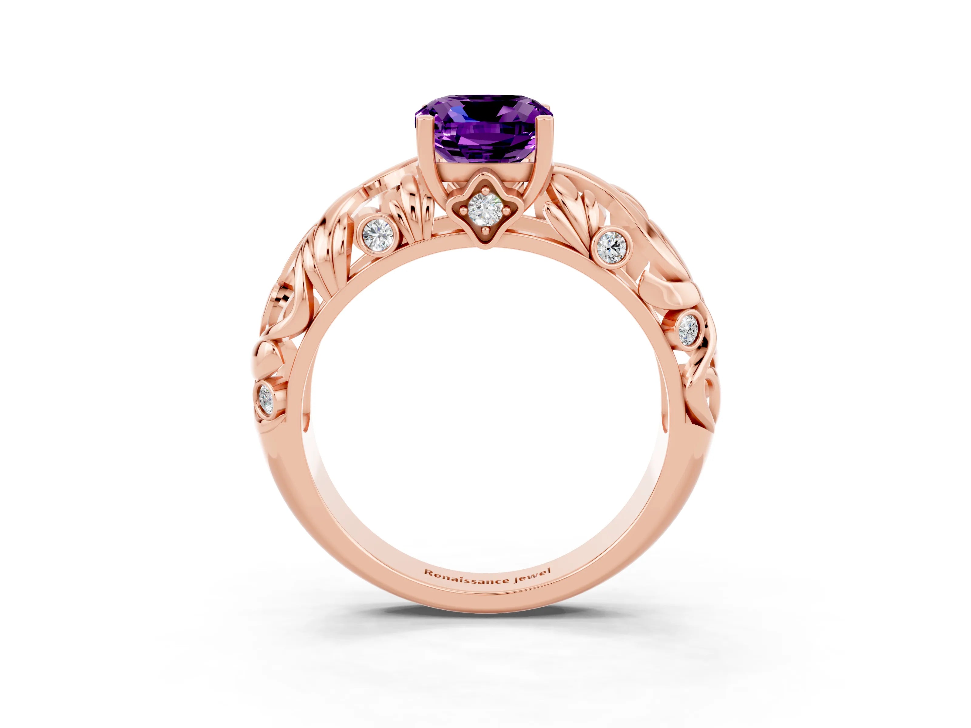 Rose gold Cushion Cut Solitaire Amethyst Leaf-Inspired Vine Band Ring with Prong Setting_3
