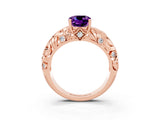 Rose gold Cushion Cut Solitaire Amethyst Leaf-Inspired Vine Band Ring with Prong Setting_3