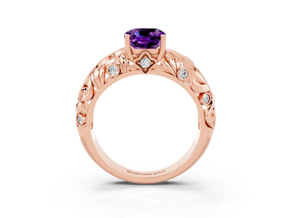 Rose gold Cushion Cut Solitaire Amethyst Leaf-Inspired Vine Band Ring with Prong Setting