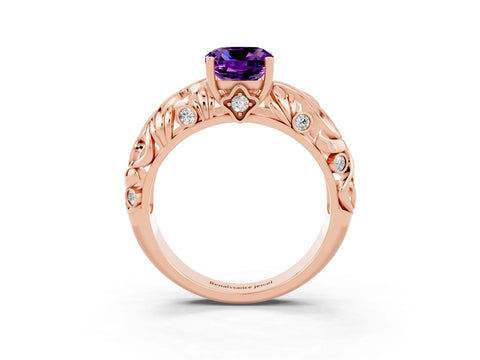 Rose gold Cushion Cut Solitaire Amethyst Leaf-Inspired Vine Band Ring with Prong Setting_3