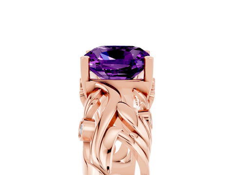 Rose gold Cushion Cut Solitaire Amethyst Leaf-Inspired Vine Band Ring with Prong Setting_5
