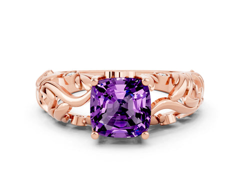Rose gold Cushion Cut Solitaire Amethyst Leaf-Inspired Vine Band Ring with Prong Setting