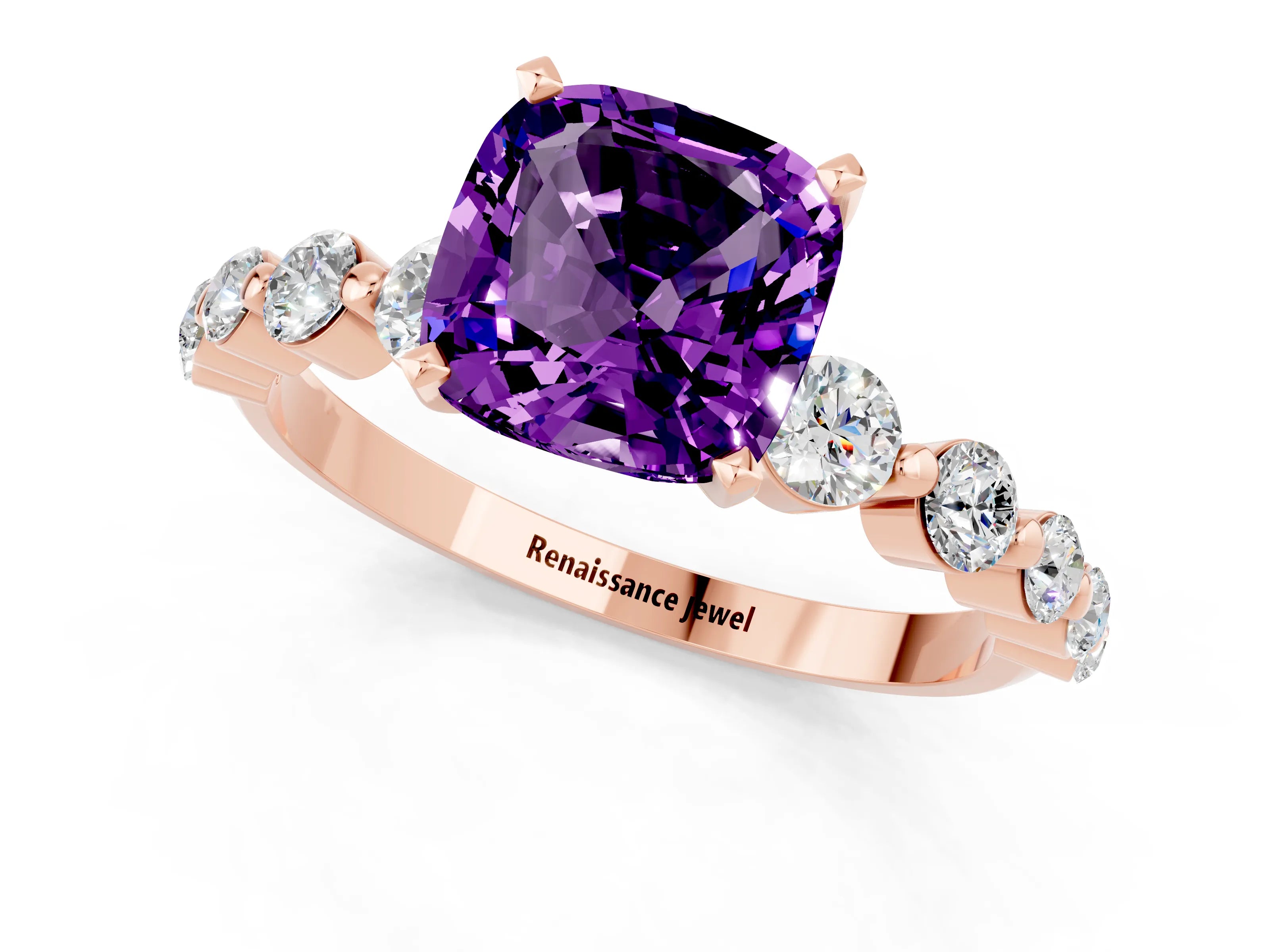 Rose gold Cushion Cut Solitaire Amethyst Ring with Pave Band and Four-Prong Setting_1