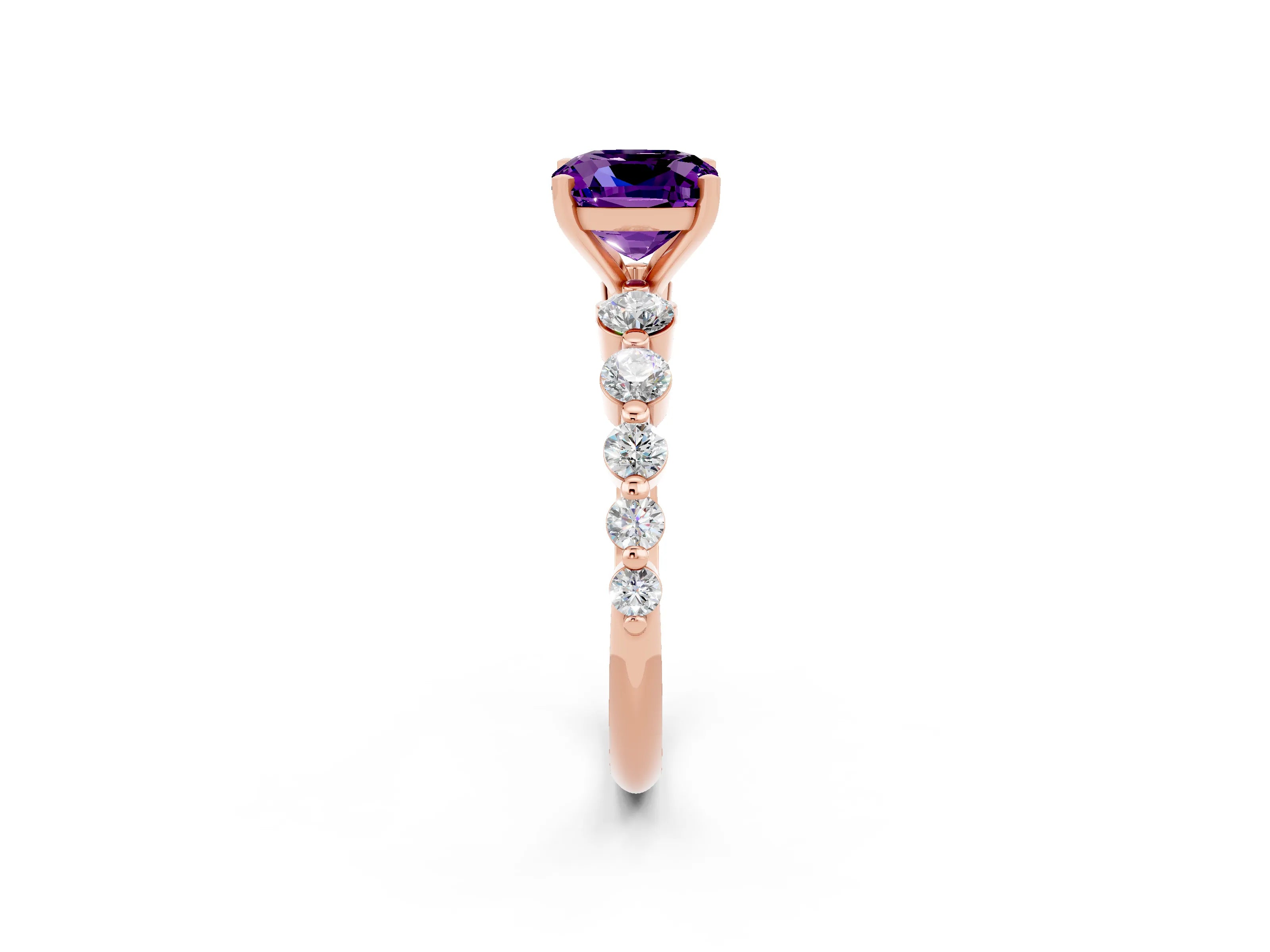 Rose gold Cushion Cut Solitaire Amethyst Ring with Pave Band and Four-Prong Setting_2