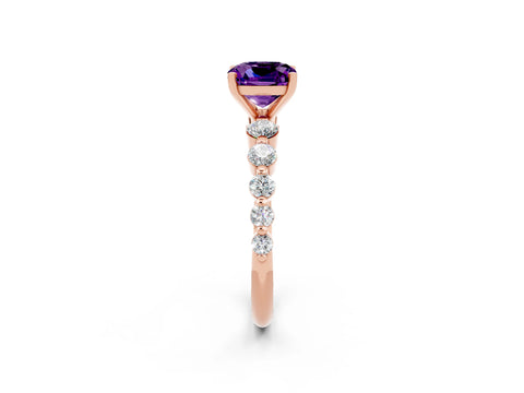 Rose gold Cushion Cut Solitaire Amethyst Ring with Pave Band and Four-Prong Setting_2