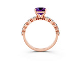 Rose gold Cushion Cut Solitaire Amethyst Ring with Pave Band and Four-Prong Setting_3
