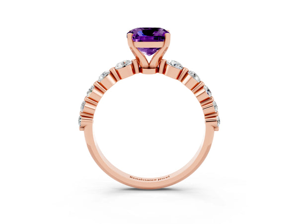 Rose gold Cushion Cut Solitaire Amethyst Ring with Pave Band and Four-Prong Setting