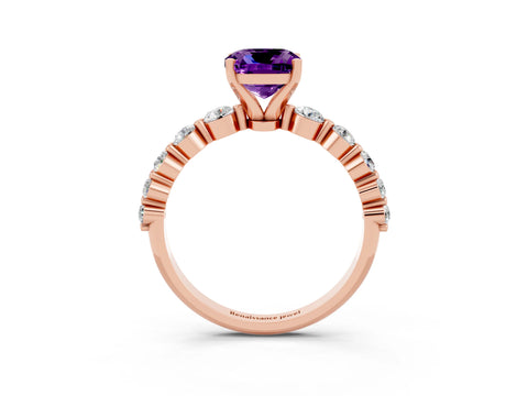 Rose gold Cushion Cut Solitaire Amethyst Ring with Pave Band and Four-Prong Setting_3