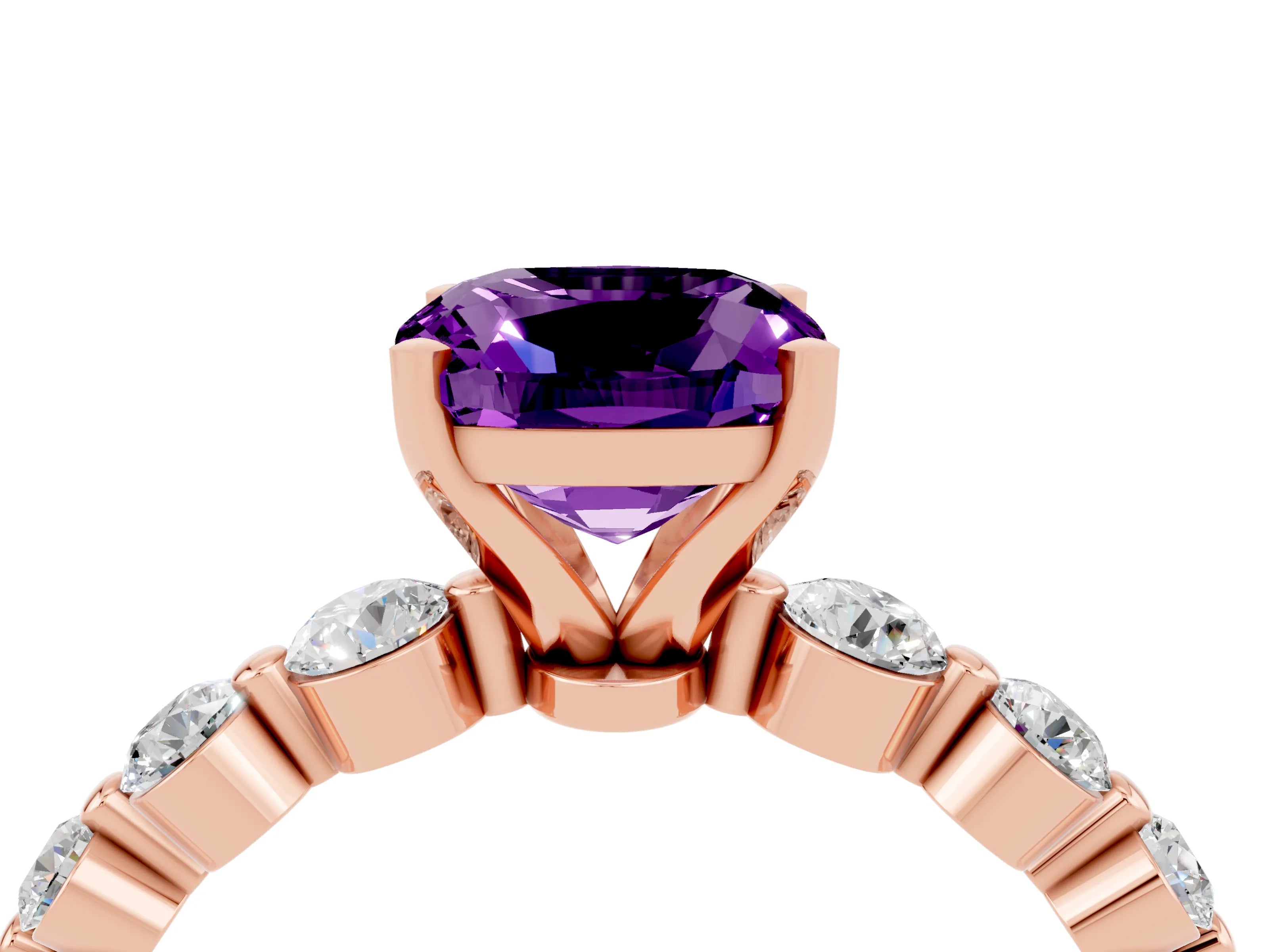 Rose gold Cushion Cut Solitaire Amethyst Ring with Pave Band and Four-Prong Setting_4