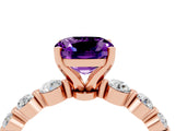 Rose gold Cushion Cut Solitaire Amethyst Ring with Pave Band and Four-Prong Setting_4