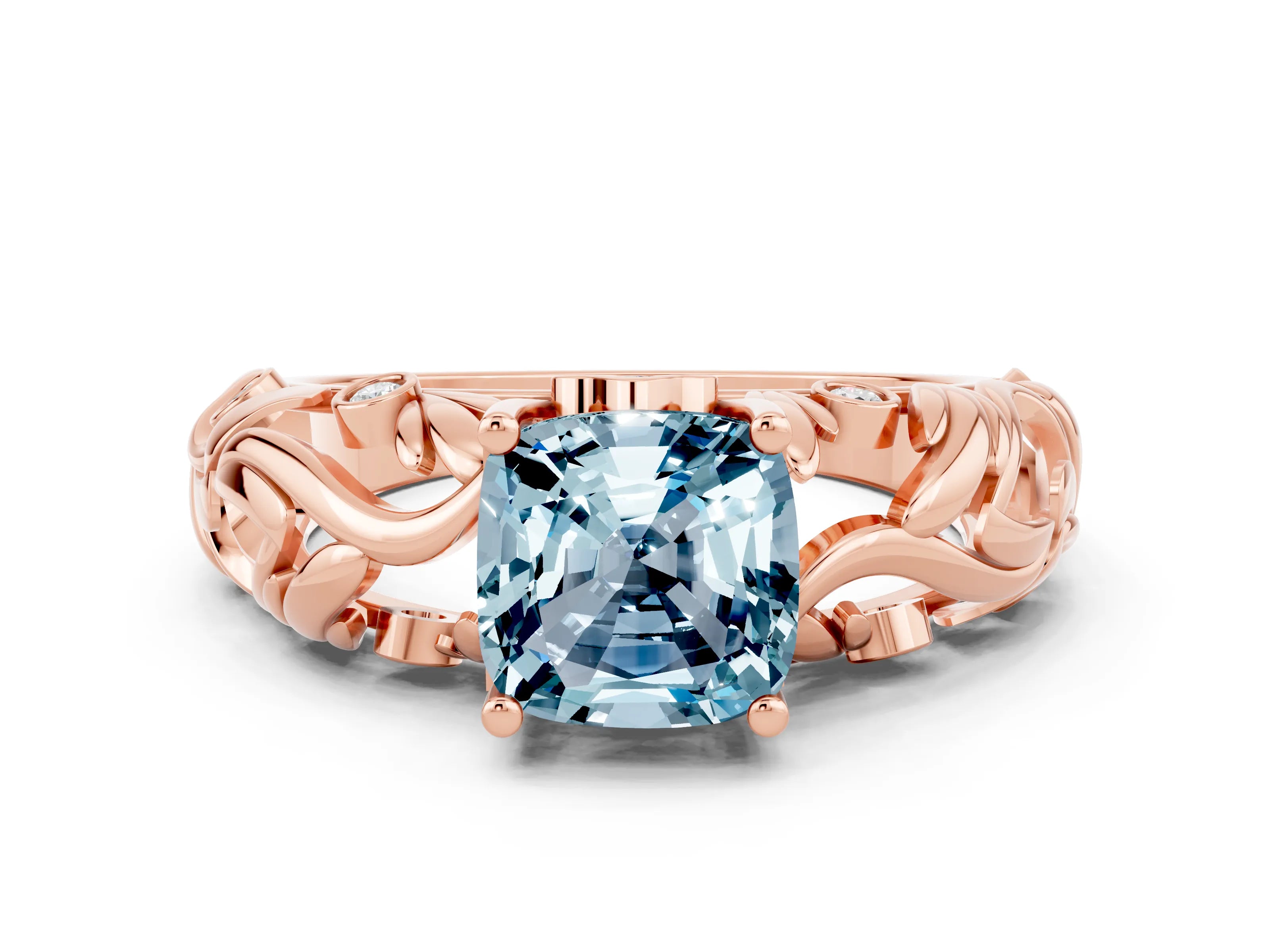 Rose gold Cushion Cut Solitaire Aquamarine Leaf-Inspired Vine Band Ring with Prong Setting