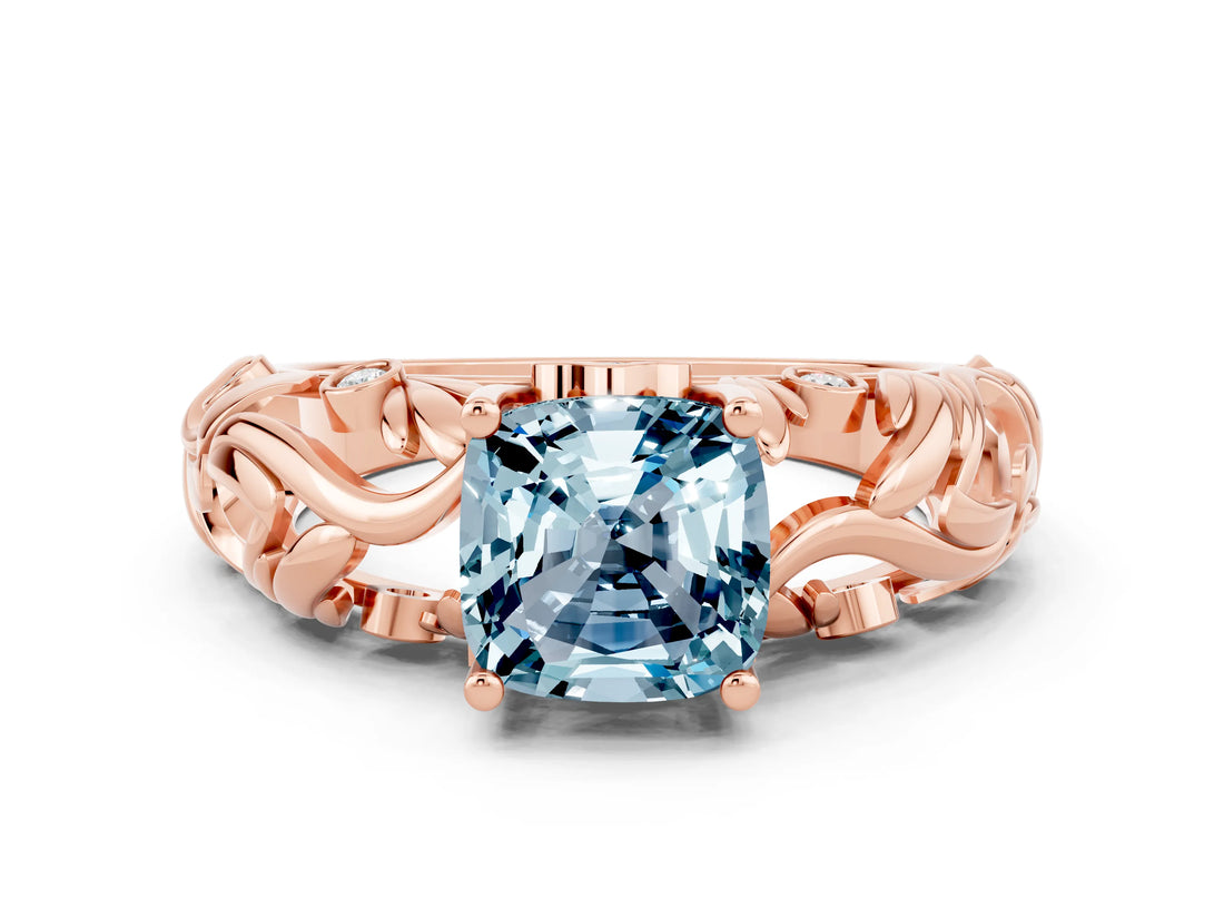 Rose gold Cushion Cut Solitaire Aquamarine Leaf-Inspired Vine Band Ring with Prong Setting