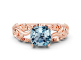 Rose gold Cushion Cut Solitaire Aquamarine Leaf-Inspired Vine Band Ring with Prong Setting