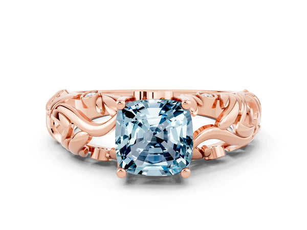 Rose gold Cushion Cut Solitaire Aquamarine Leaf-Inspired Vine Band Ring with Prong Setting