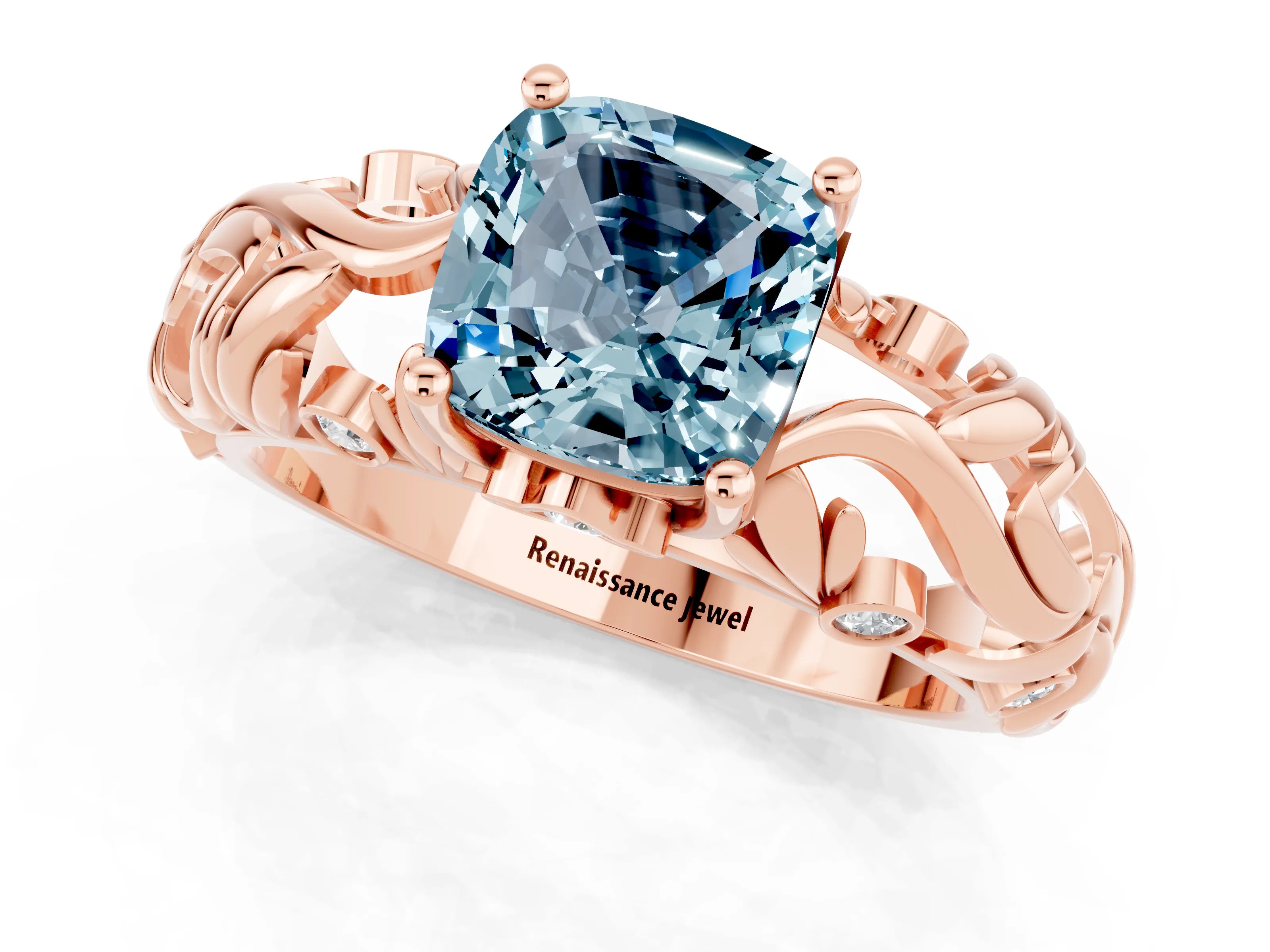 Rose gold Cushion Cut Solitaire Aquamarine Leaf-Inspired Vine Band Ring with Prong Setting_1