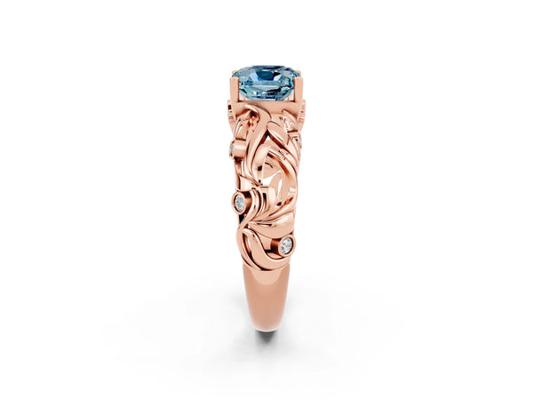 Rose gold Cushion Cut Solitaire Aquamarine Leaf-Inspired Vine Band Ring with Prong Setting