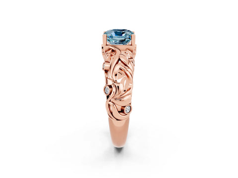 Rose gold Cushion Cut Solitaire Aquamarine Leaf-Inspired Vine Band Ring with Prong Setting_2