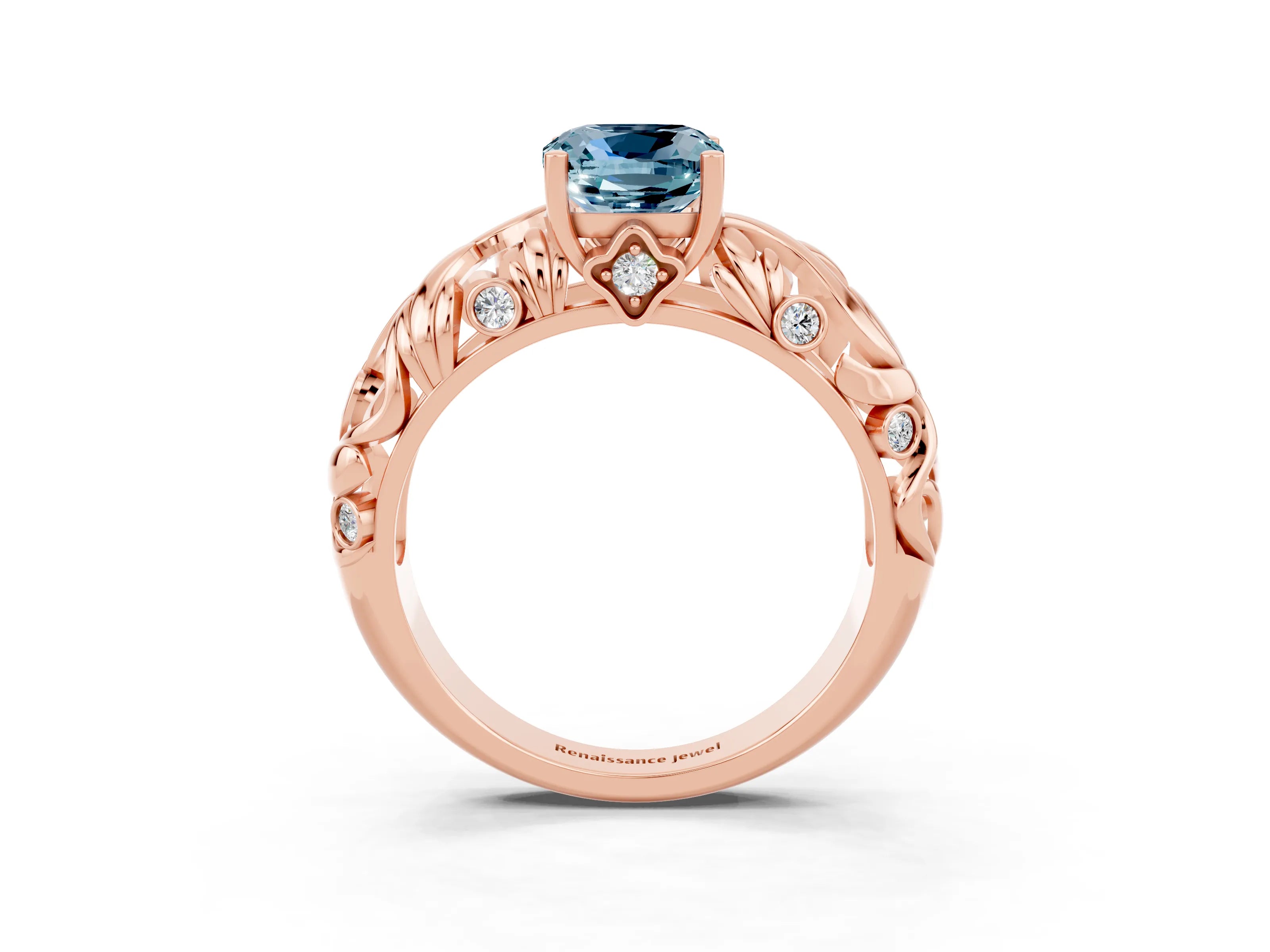 Rose gold Cushion Cut Solitaire Aquamarine Leaf-Inspired Vine Band Ring with Prong Setting_3