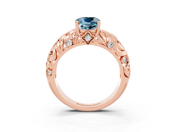 Rose gold Cushion Cut Solitaire Aquamarine Leaf-Inspired Vine Band Ring with Prong Setting
