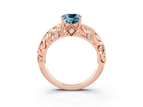 Rose gold Cushion Cut Solitaire Aquamarine Leaf-Inspired Vine Band Ring with Prong Setting_3