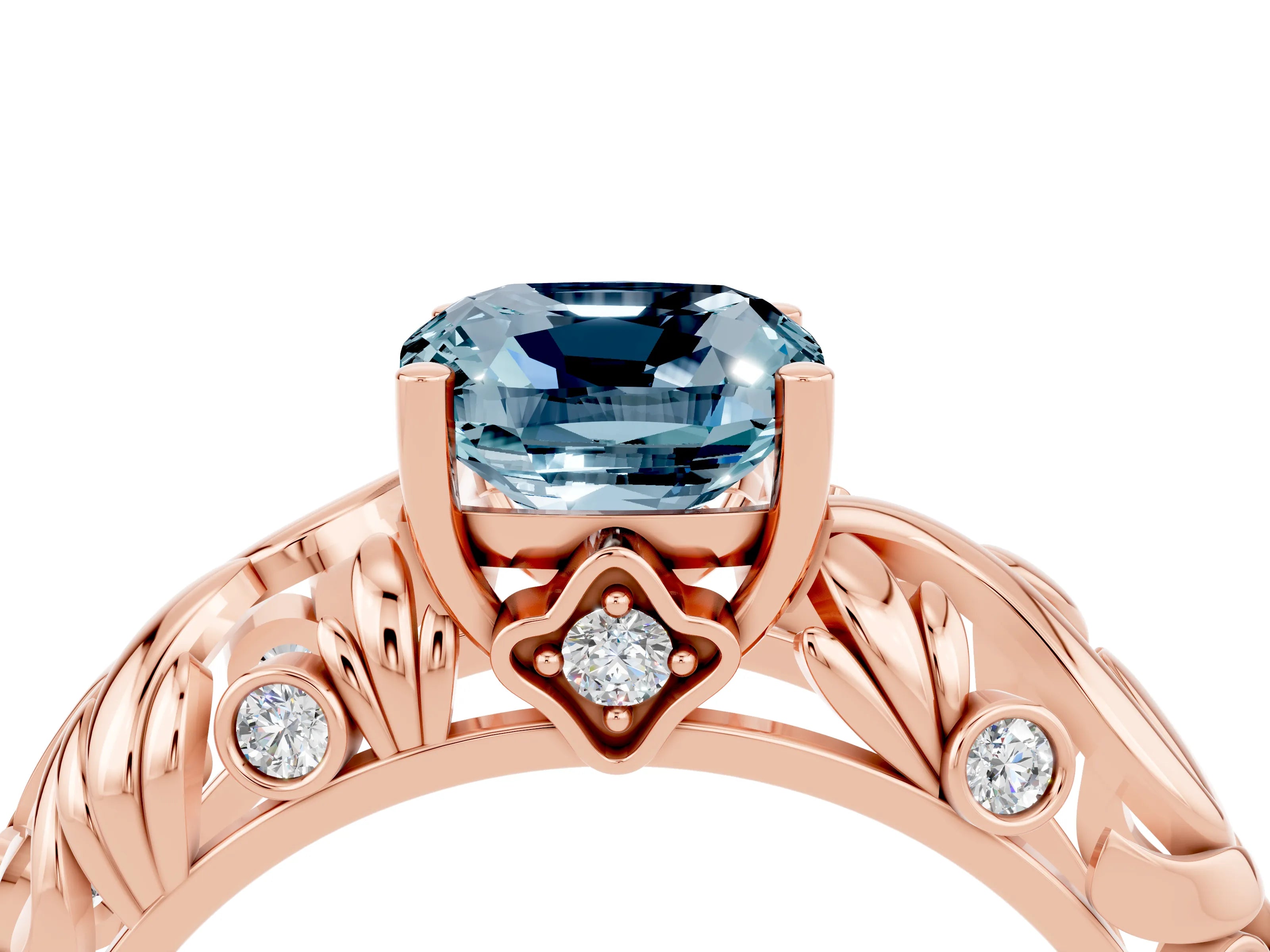 Rose gold Cushion Cut Solitaire Aquamarine Leaf-Inspired Vine Band Ring with Prong Setting_4