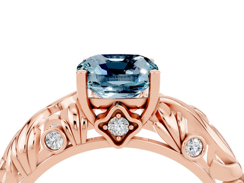 Rose gold Cushion Cut Solitaire Aquamarine Leaf-Inspired Vine Band Ring with Prong Setting_4