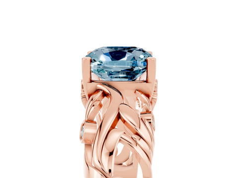 Rose gold Cushion Cut Solitaire Aquamarine Leaf-Inspired Vine Band Ring with Prong Setting_5