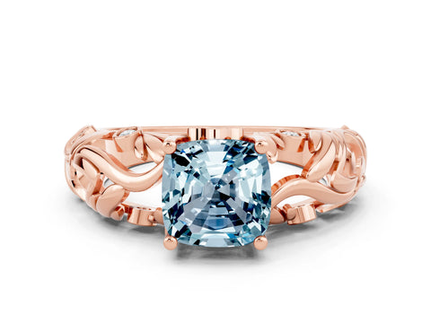 Rose gold Cushion Cut Solitaire Aquamarine Leaf-Inspired Vine Band Ring with Prong Setting