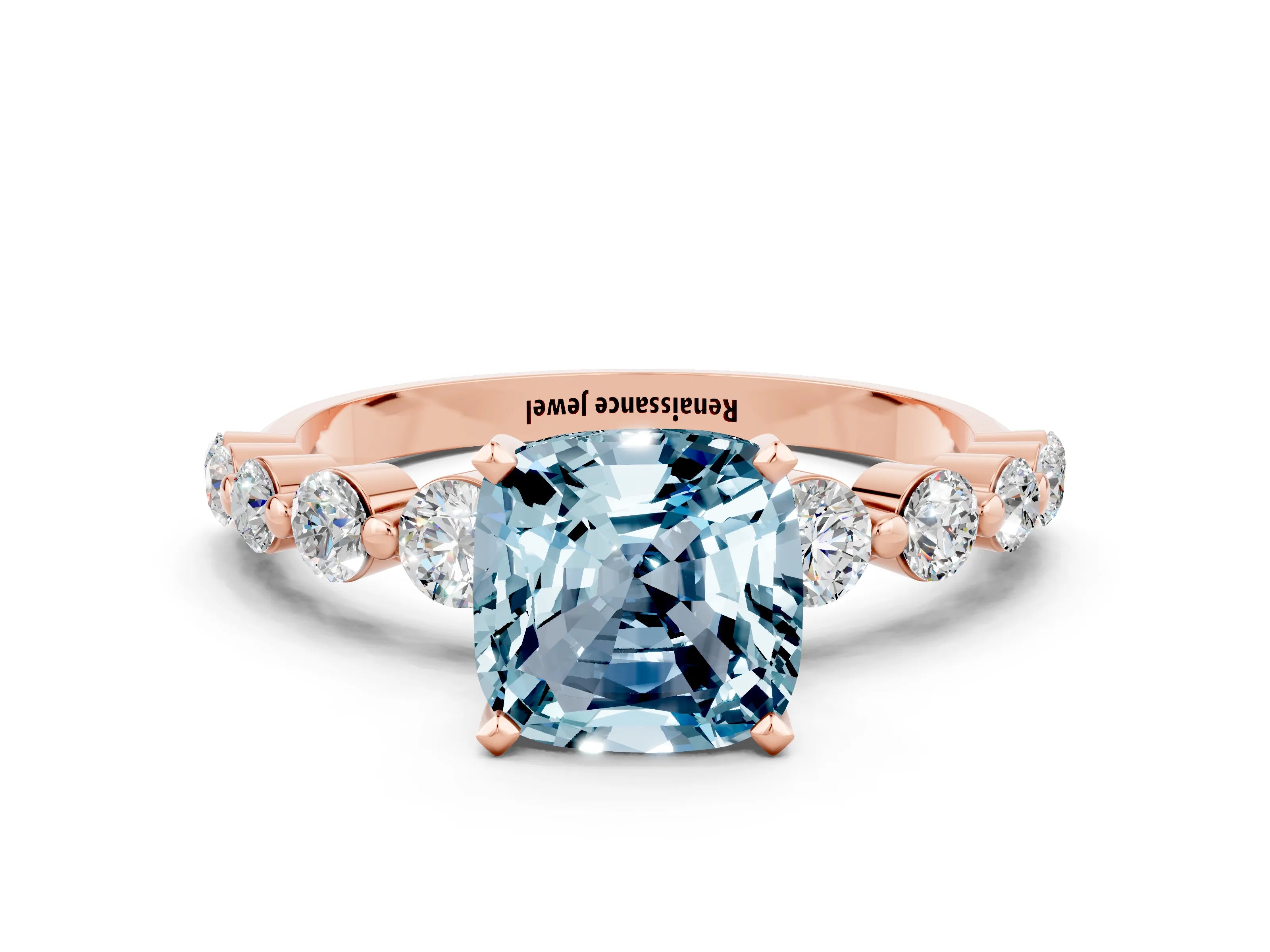 Rose gold Cushion Cut Solitaire Aquamarine Ring with Pave Band and Four-Prong Setting