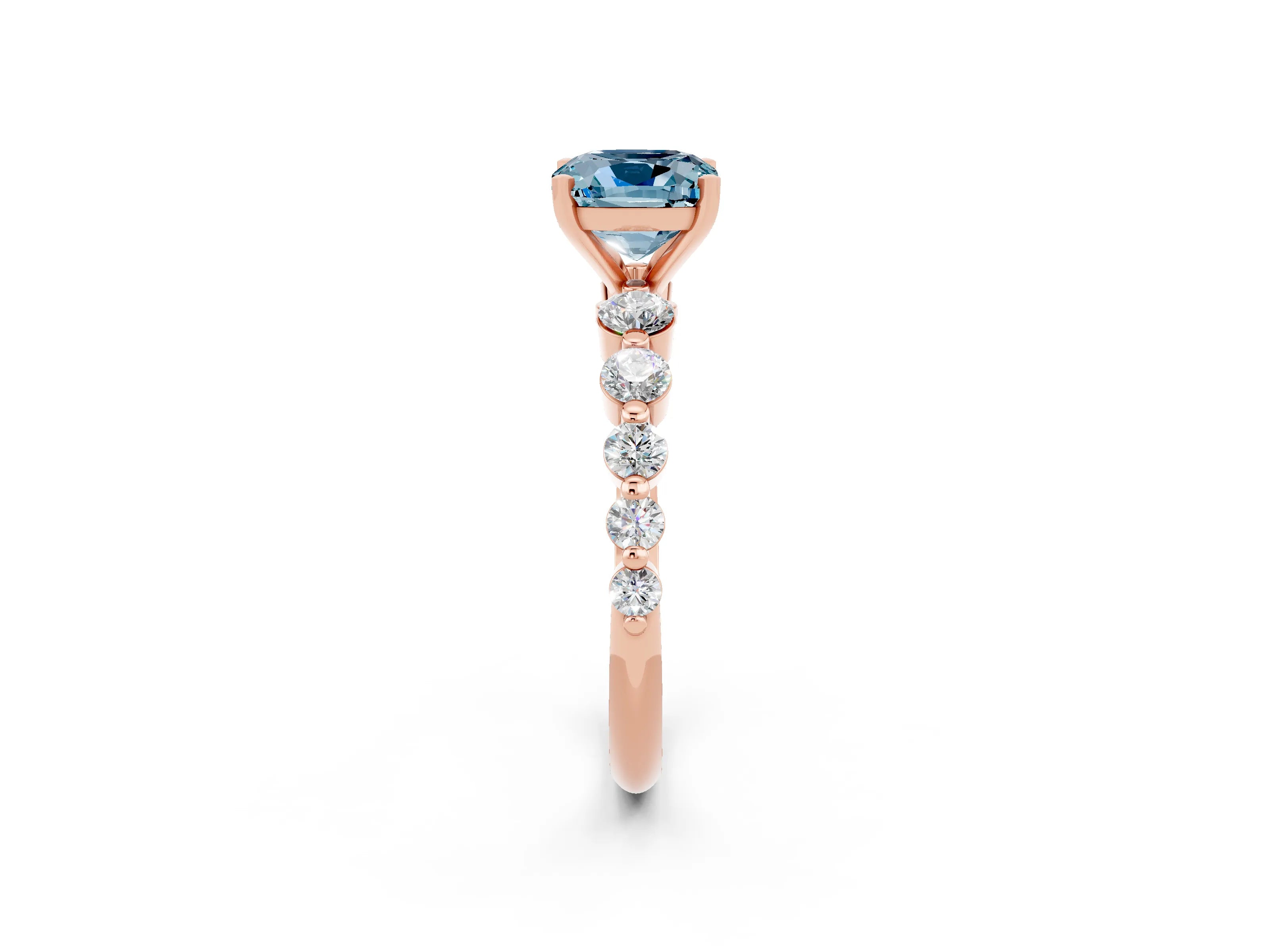 Rose gold Cushion Cut Solitaire Aquamarine Ring with Pave Band and Four-Prong Setting_2