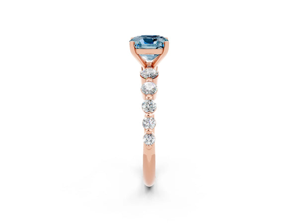 Rose gold Cushion Cut Solitaire Aquamarine Ring with Pave Band and Four-Prong Setting