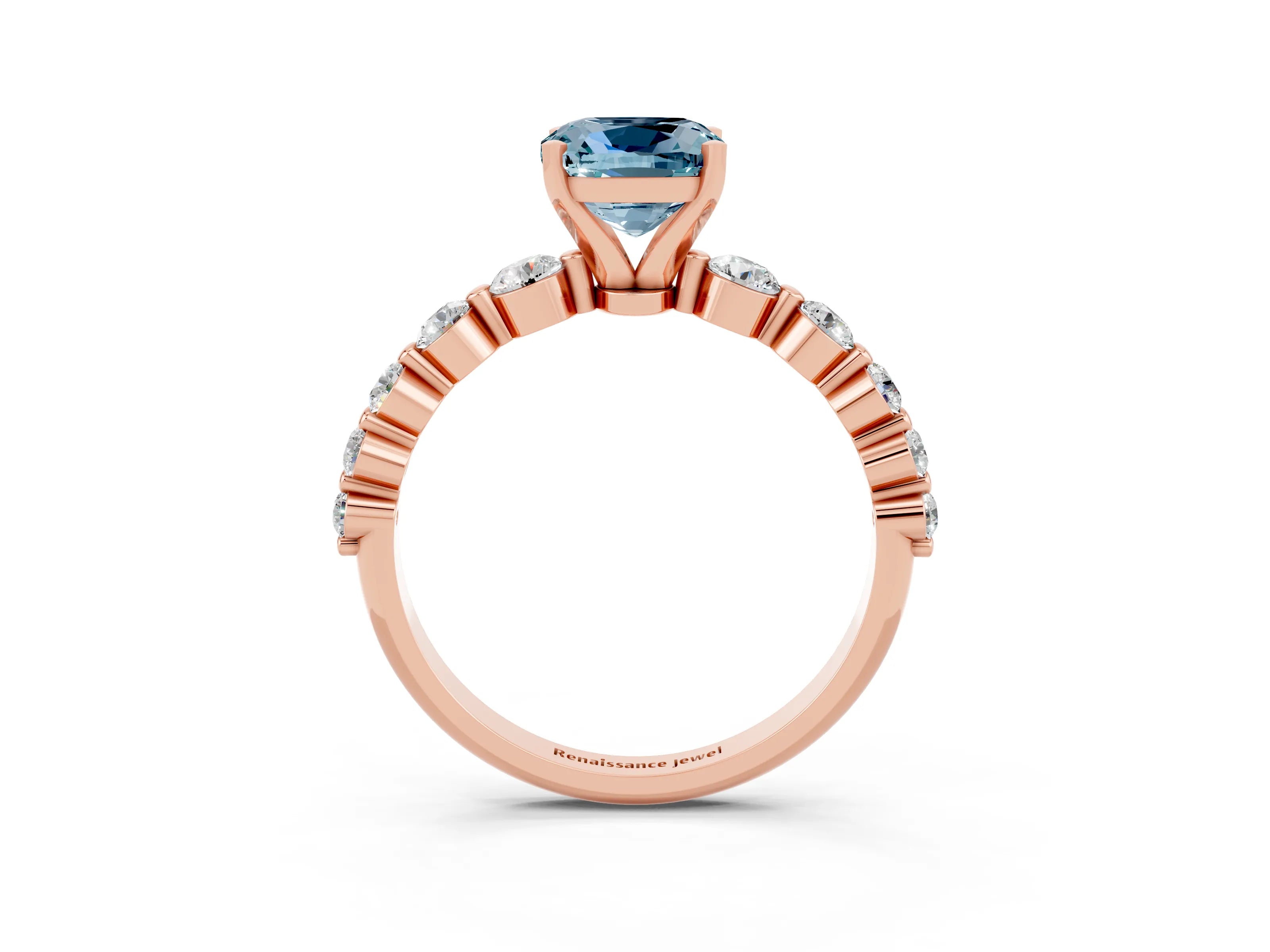 Rose gold Cushion Cut Solitaire Aquamarine Ring with Pave Band and Four-Prong Setting_3