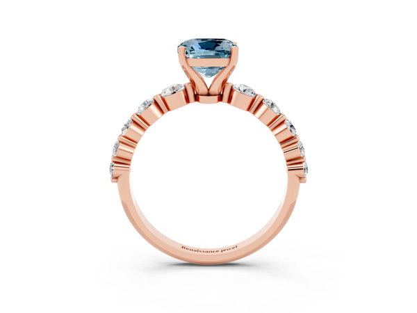 Rose gold Cushion Cut Solitaire Aquamarine Ring with Pave Band and Four-Prong Setting