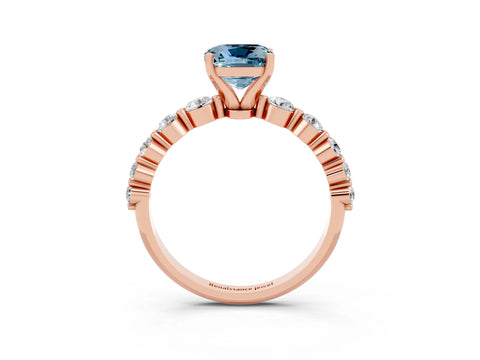 Rose gold Cushion Cut Solitaire Aquamarine Ring with Pave Band and Four-Prong Setting_3