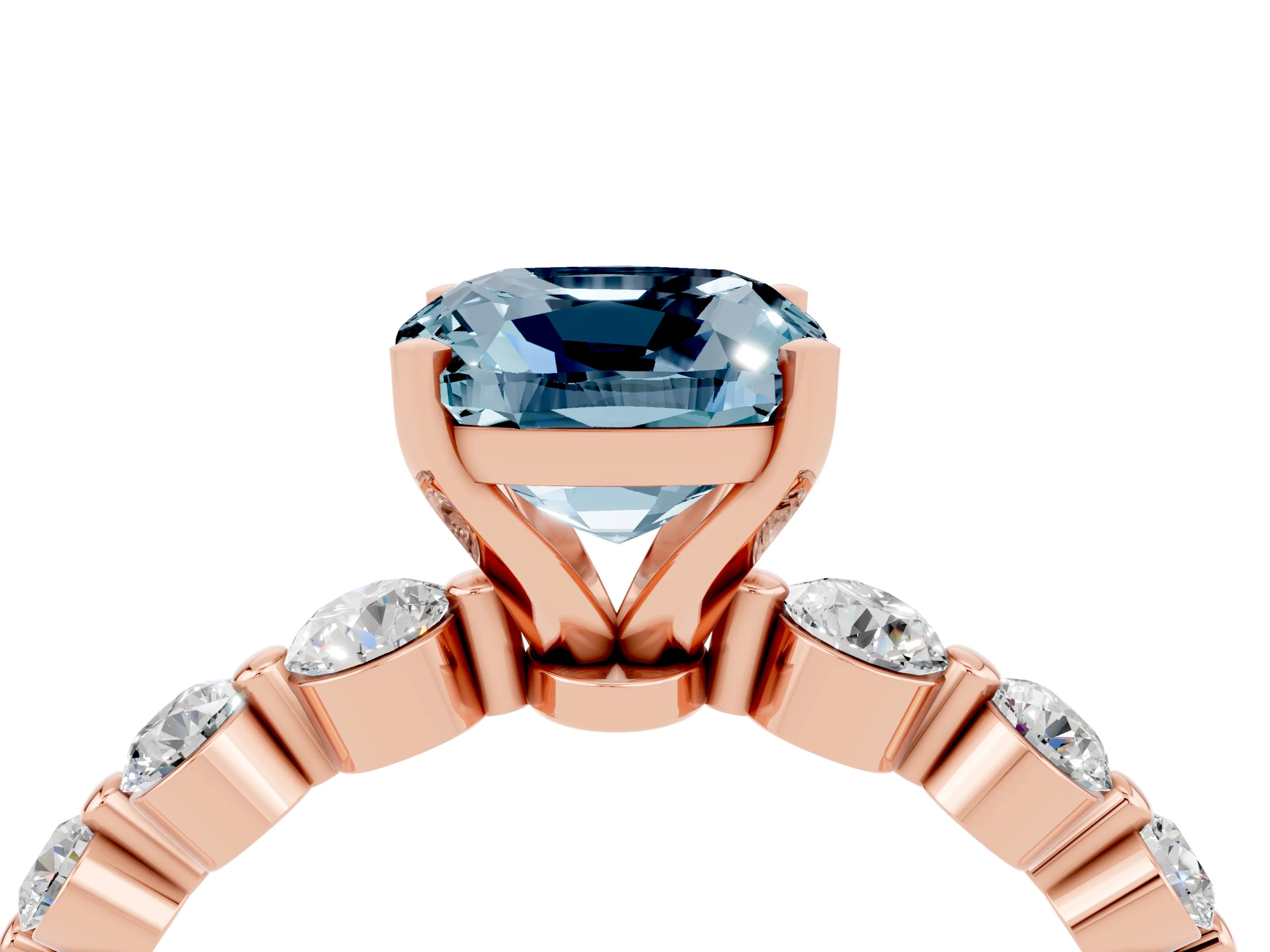 Rose gold Cushion Cut Solitaire Aquamarine Ring with Pave Band and Four-Prong Setting_4
