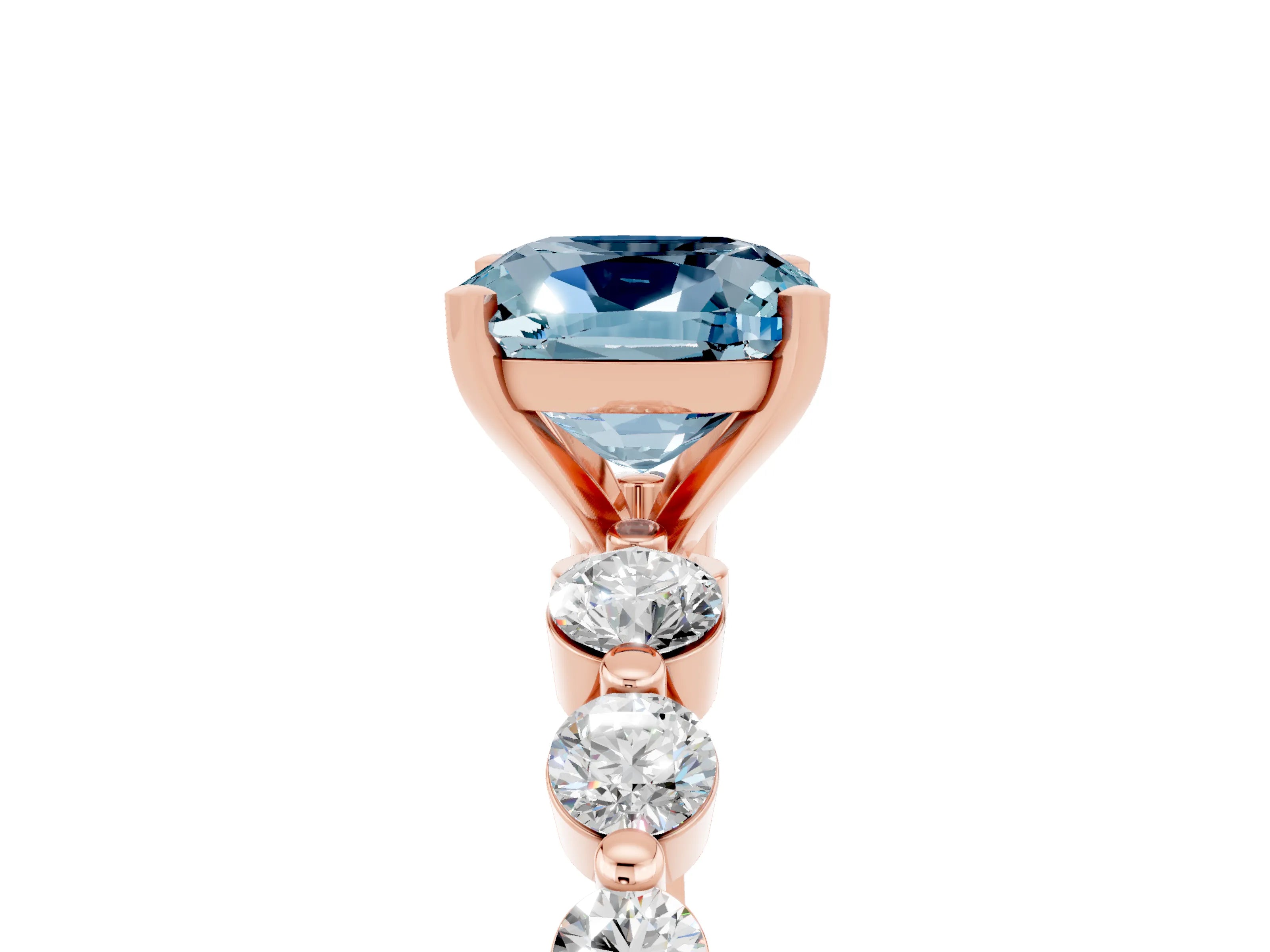 Rose gold Cushion Cut Solitaire Aquamarine Ring with Pave Band and Four-Prong Setting_5