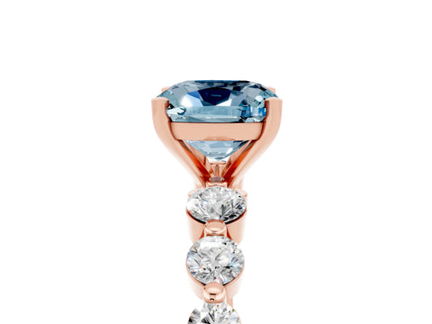Rose gold Cushion Cut Solitaire Aquamarine Ring with Pave Band and Four-Prong Setting_5