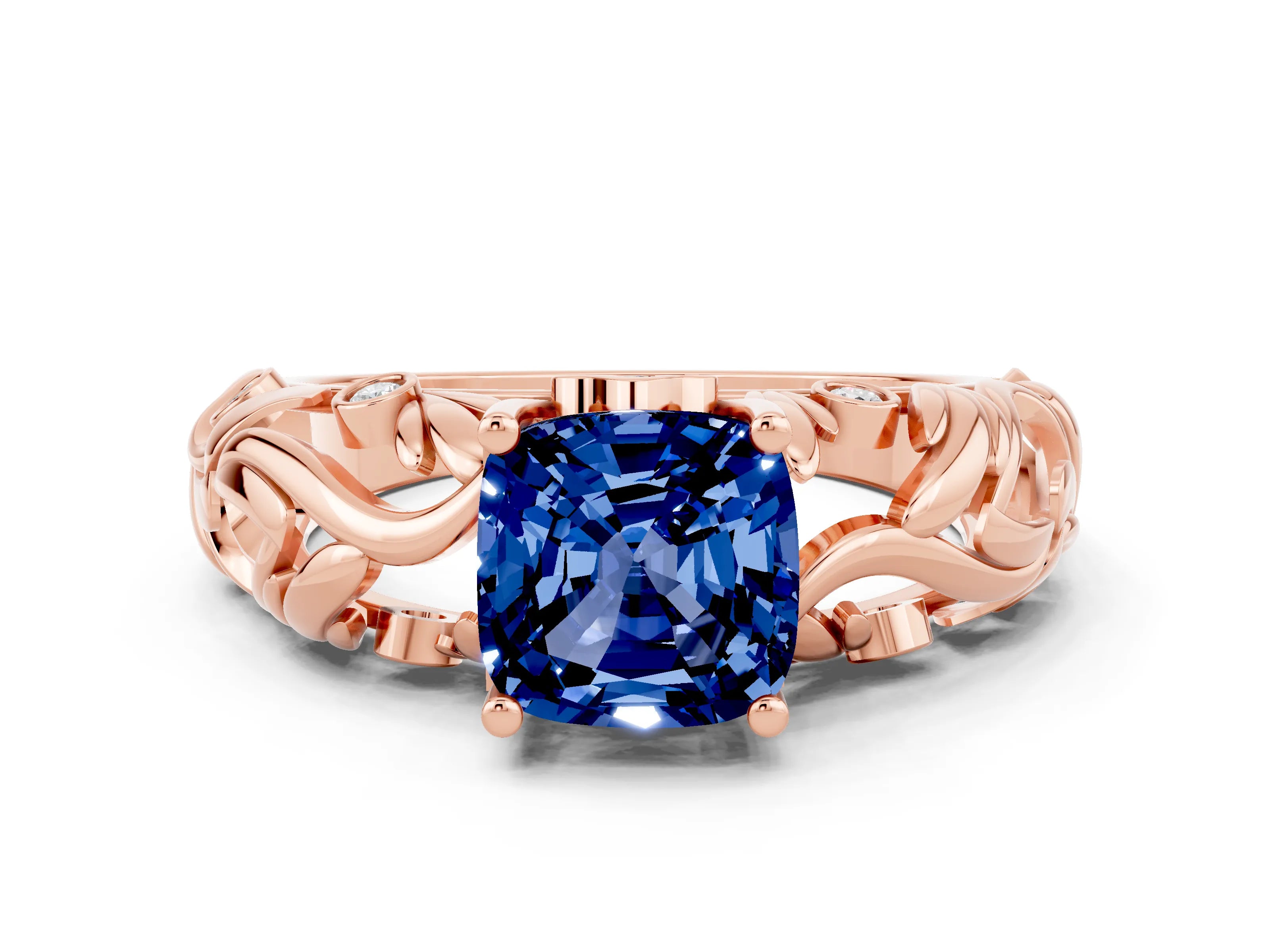 Rose gold Cushion Cut Solitaire Blue Sapphire Leaf-Inspired Vine Band Ring with Prong Setting