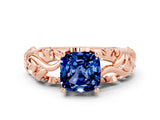 Rose gold Cushion Cut Solitaire Blue Sapphire Leaf-Inspired Vine Band Ring with Prong Setting