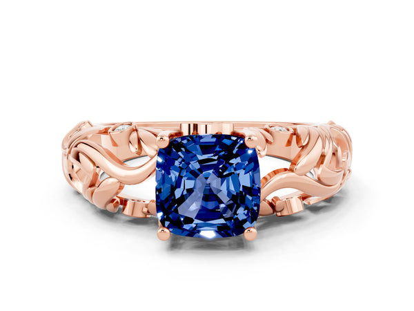 Rose gold Cushion Cut Solitaire Blue Sapphire Leaf-Inspired Vine Band Ring with Prong Setting