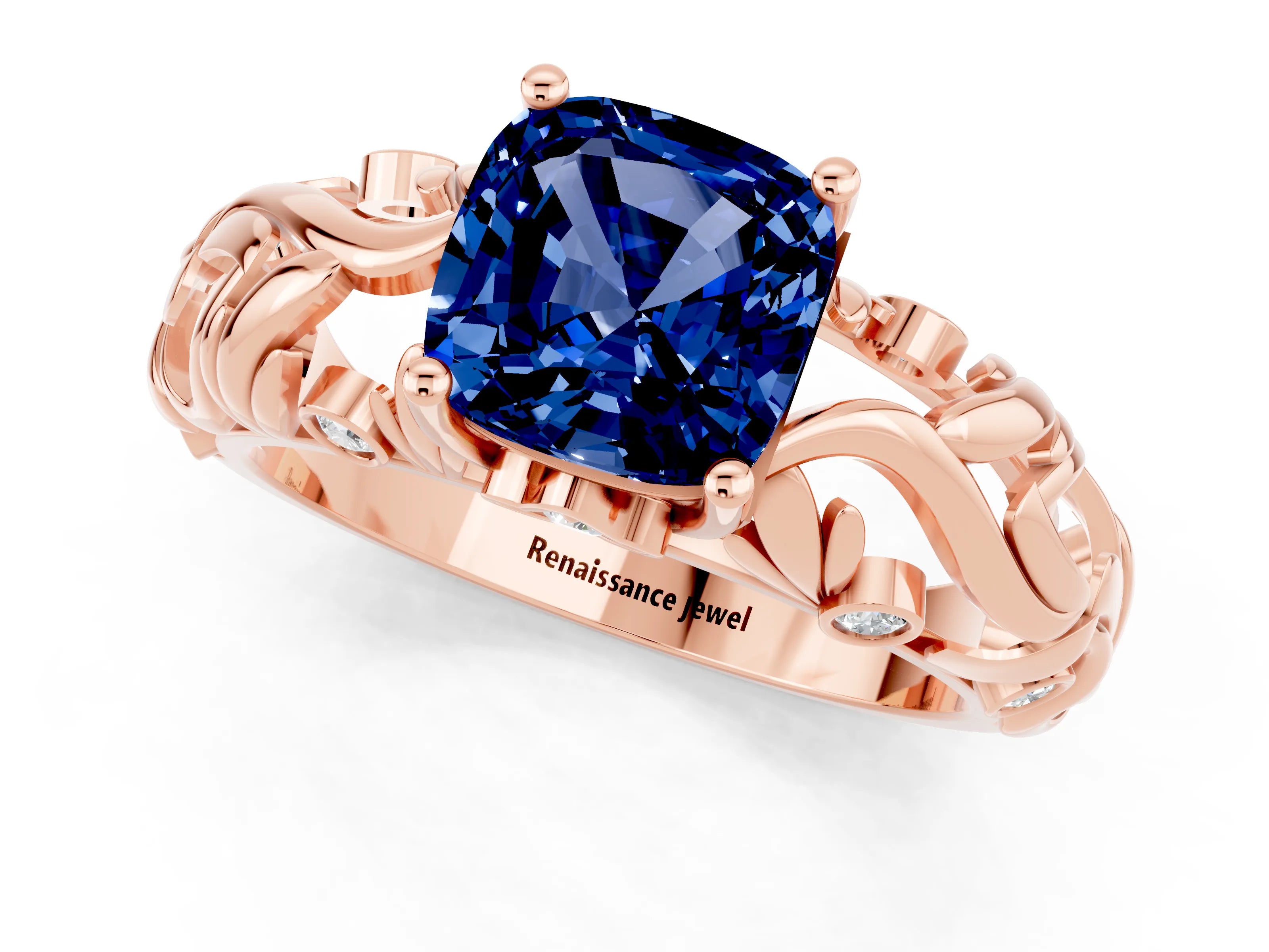 Rose gold Cushion Cut Solitaire Blue Sapphire Leaf-Inspired Vine Band Ring with Prong Setting_1
