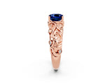 Rose gold Cushion Cut Solitaire Blue Sapphire Leaf-Inspired Vine Band Ring with Prong Setting_2